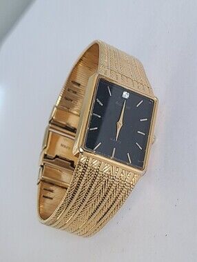 Vintage Accurist Quartz Luxury 80's Gold Herringbone Diamond Tank Dress Watch